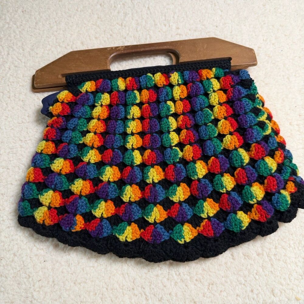 RETRO FUNKY 60s/70s style Rainbow Knitted/Knitting Bag With Wooden Handles